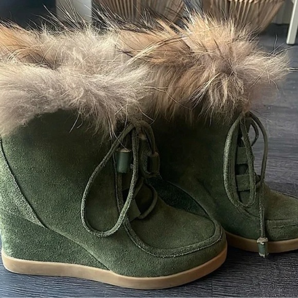Barneys New York Shoes - Barneys New York Olive Suede Fur-Lined Wedge Boots